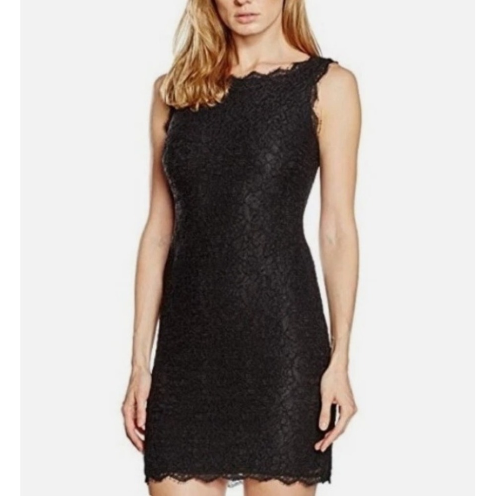 Adrianna Papell Black Lace Sleeveless Sheath Dress Scalloped Detail Size 6‎